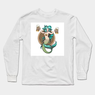 Mermaid With Mugs of Beer Tattoo Illustration Long Sleeve T-Shirt